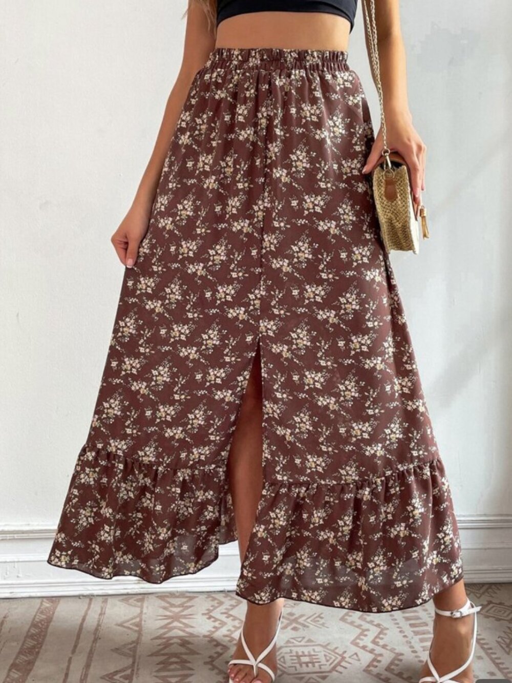 SHEIN Flowy Floral Maxi Skirt with Front Slit and Ruffled Bottom
